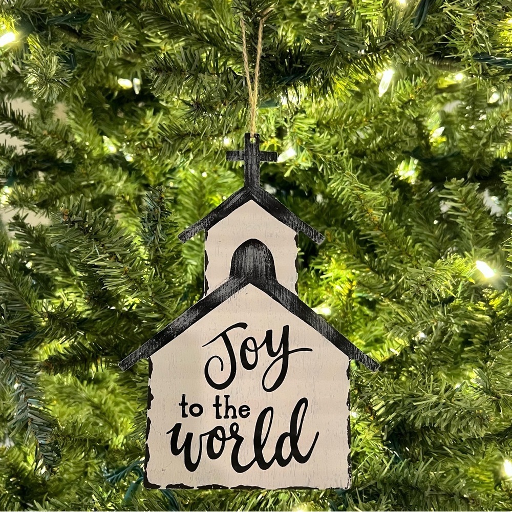 Joy To The World Black and White Metal Chapel Shaped Christmas Ornament